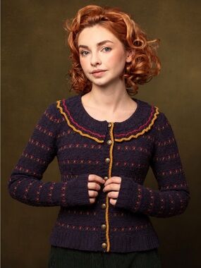 Wool feel Nordic wide ruffle sailor collar folk fair isle button down cardigan